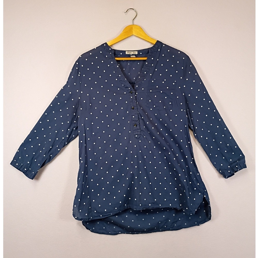 Preppy Per Se Women Medium Navy Blue Polka Dot Cotton 3/4 Sleeve Tunic Blouse